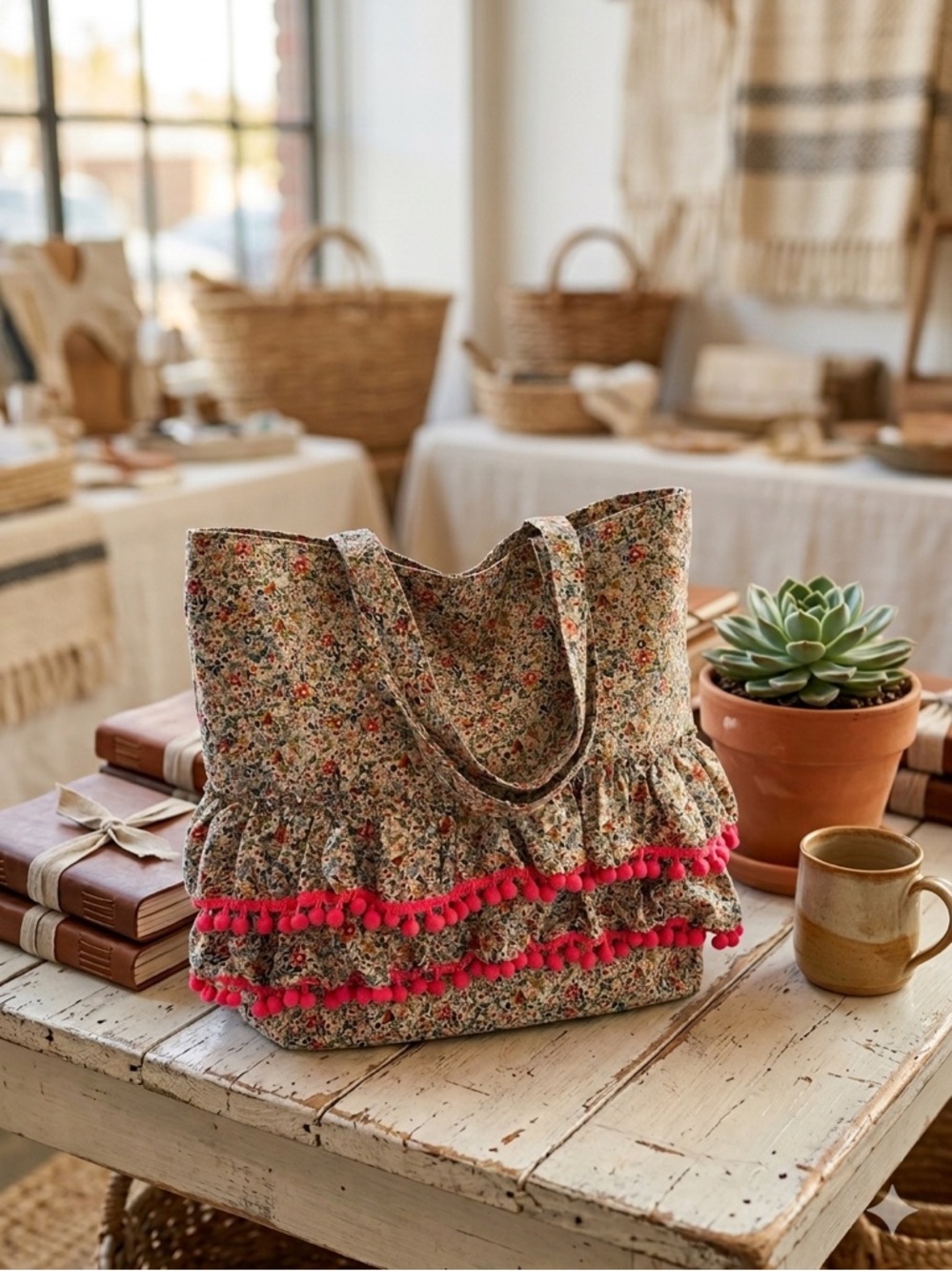 Natural Life Floral Pom Pom Ruffle Bag